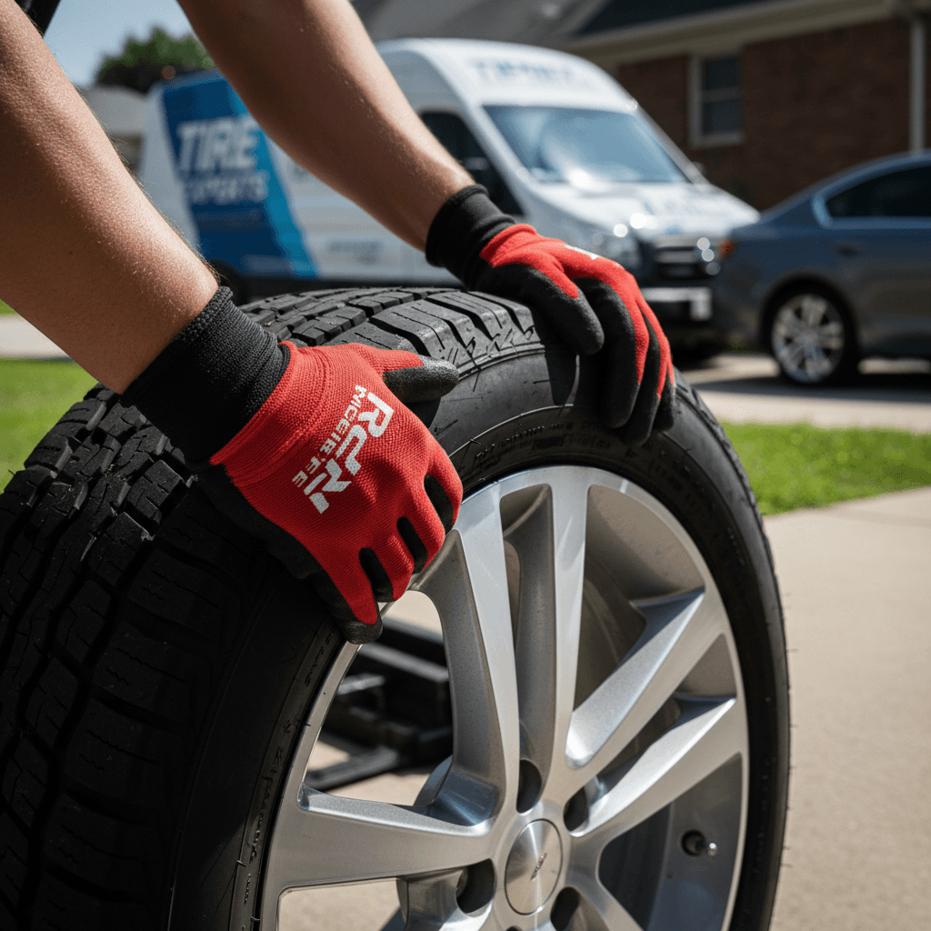 Technician mounting tire on rim during on-site service