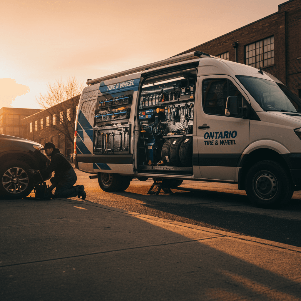 Mobile tire service van with technician working on vehicle